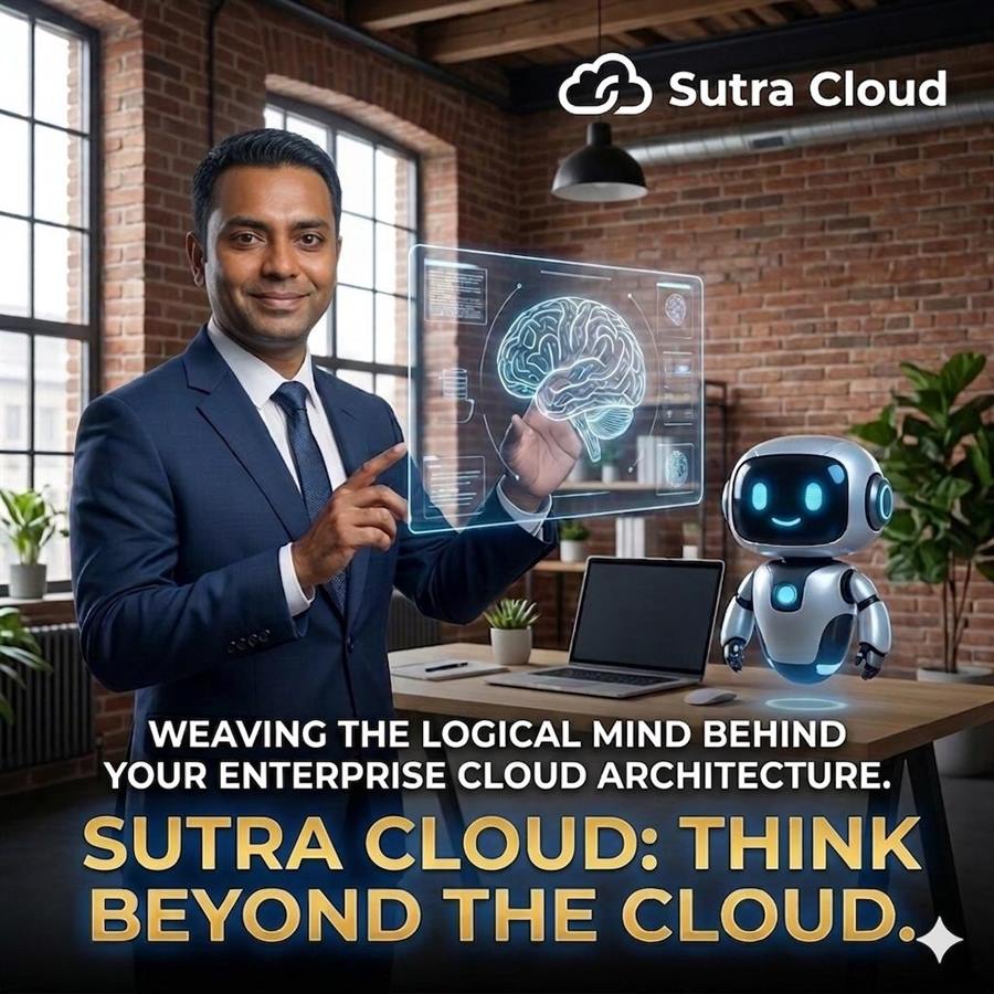 Sutra Cloud branding panel featuring the founder and glowing AI mascot